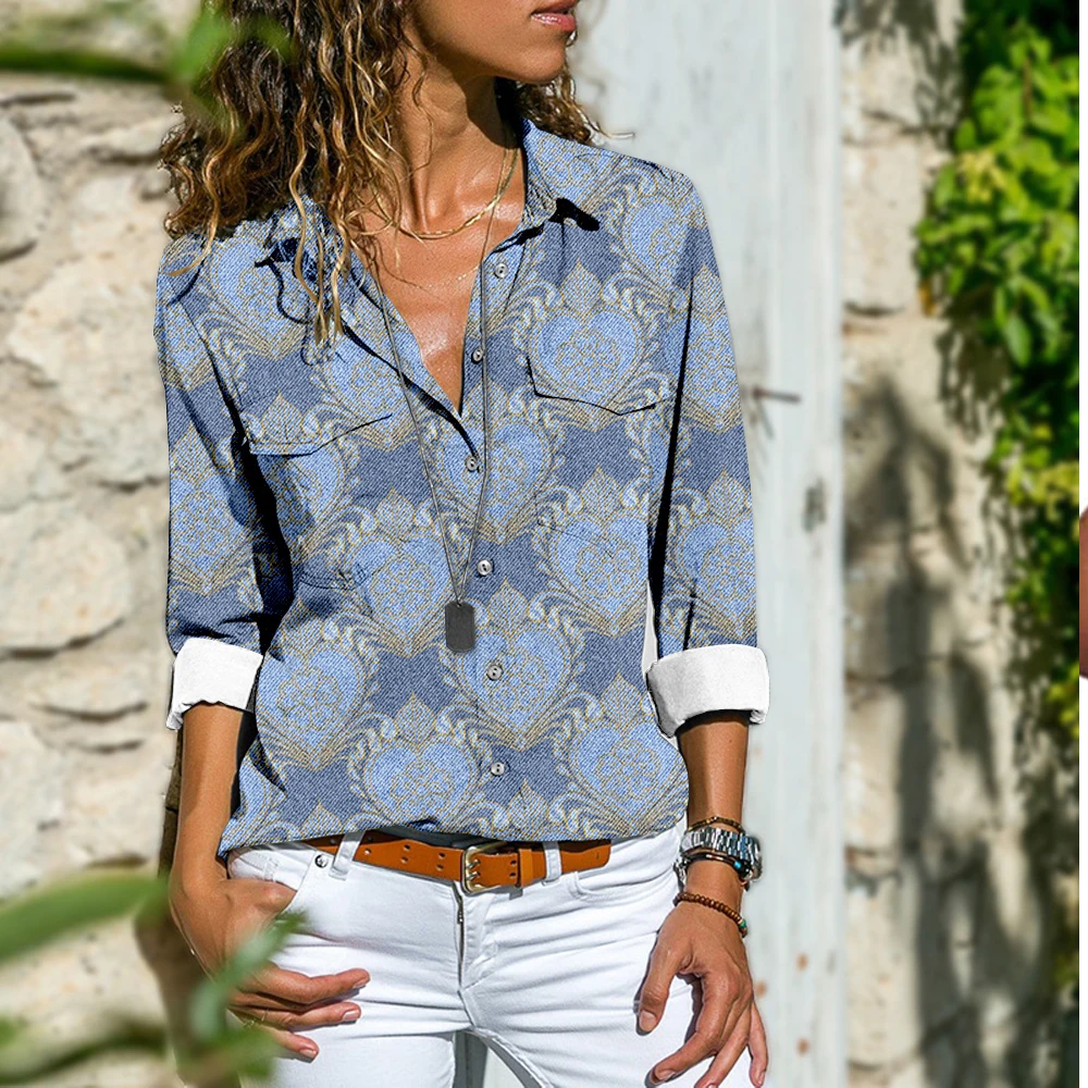 

Women's New Button Denim Printed Three Quarter Sleeve Shirts Summer Casual Tops