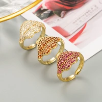 fashion gold color metal red zircon lips open ring punk vintage geometric adjustable ring for women party jewelry gift
