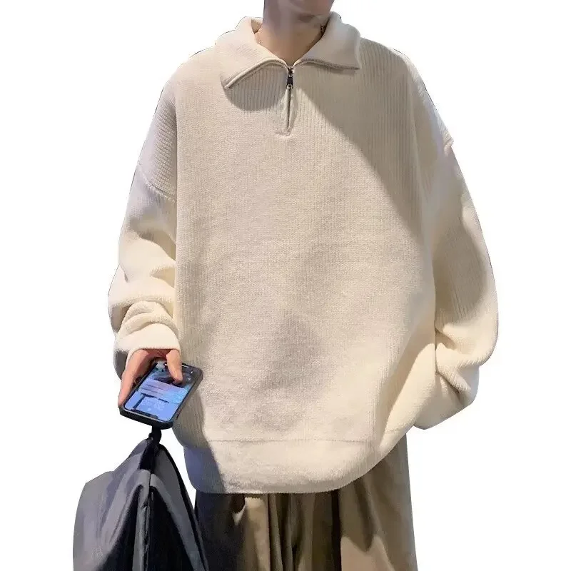 Модный мужской свитер с высоким воротником-поло на молнии свободное вязаное