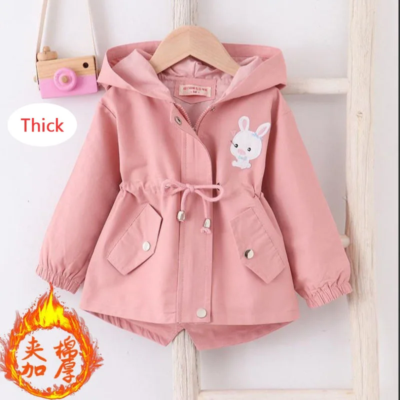 Autumn Winter Girls Thick Coat Cute Rabbit Print Jackets Can Tighten Waist Hooded Windbreaker For Kids Children Thin Outerwear