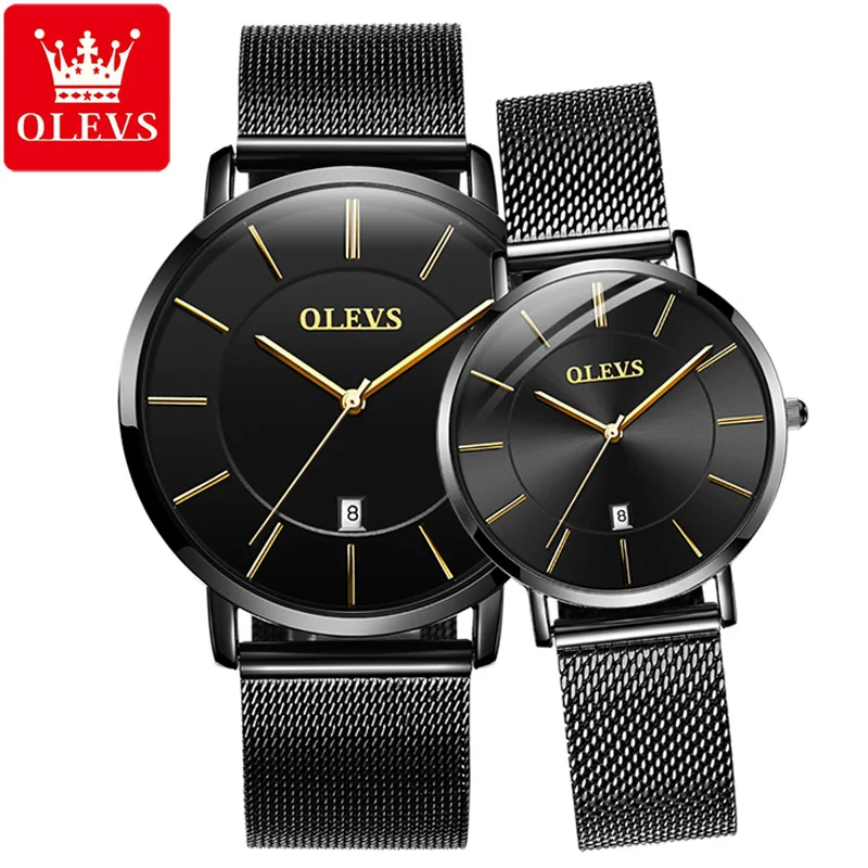 OLEVS 5869 Japan Quartz Great Quality Couple  Wristwatches Fashion Waterproof Stainless Steel Strap Watch for Couple Calendar