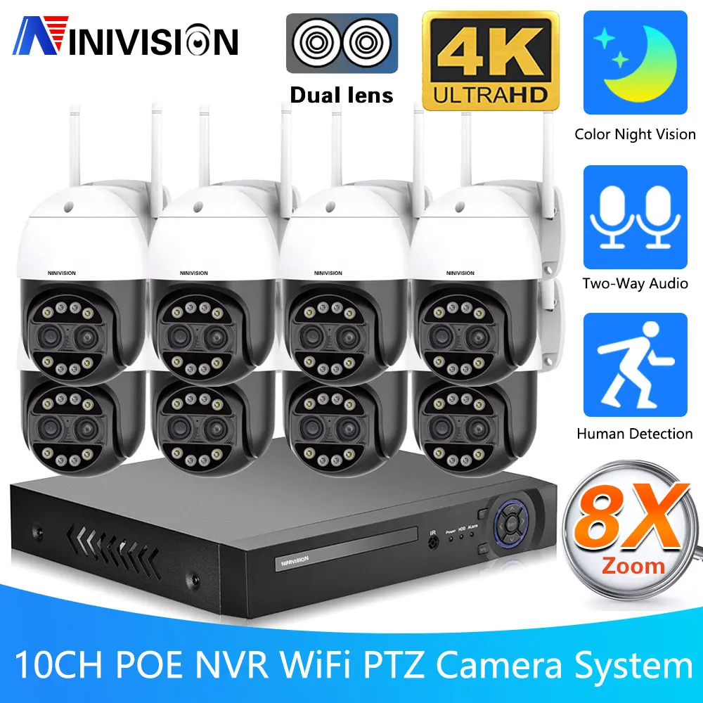 

PTZ 8MP Dual Lens 10CH Wireless Camera Surveillance Security System Human Detection Auto Track POE NVR Camera Kit Two Way Audio