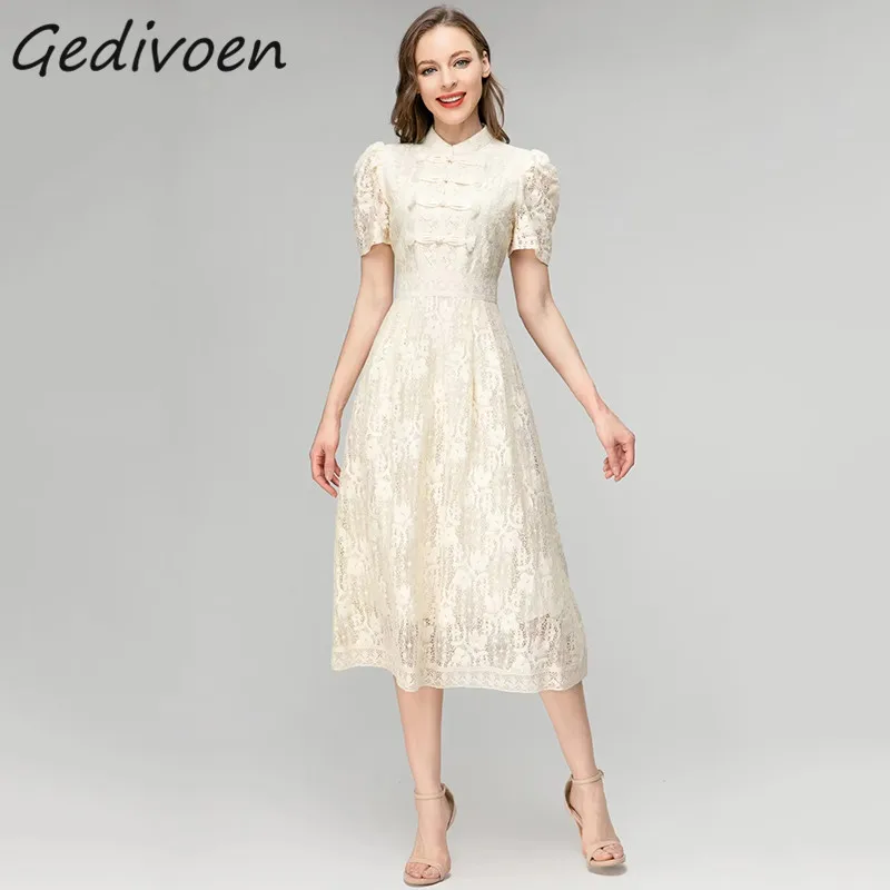 

Летнее модное дизайнерское винтажное платье Gedivoen, женское платье миди с воротником-стойкой и коротким рукавом, однобортное ажурное Сетчатое платье