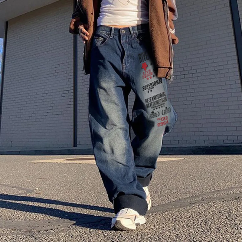 

Street Hip Hop Embroidered Loose Denim Trousers Cross-border European and American Hot Girls Low Waist Casual Pants