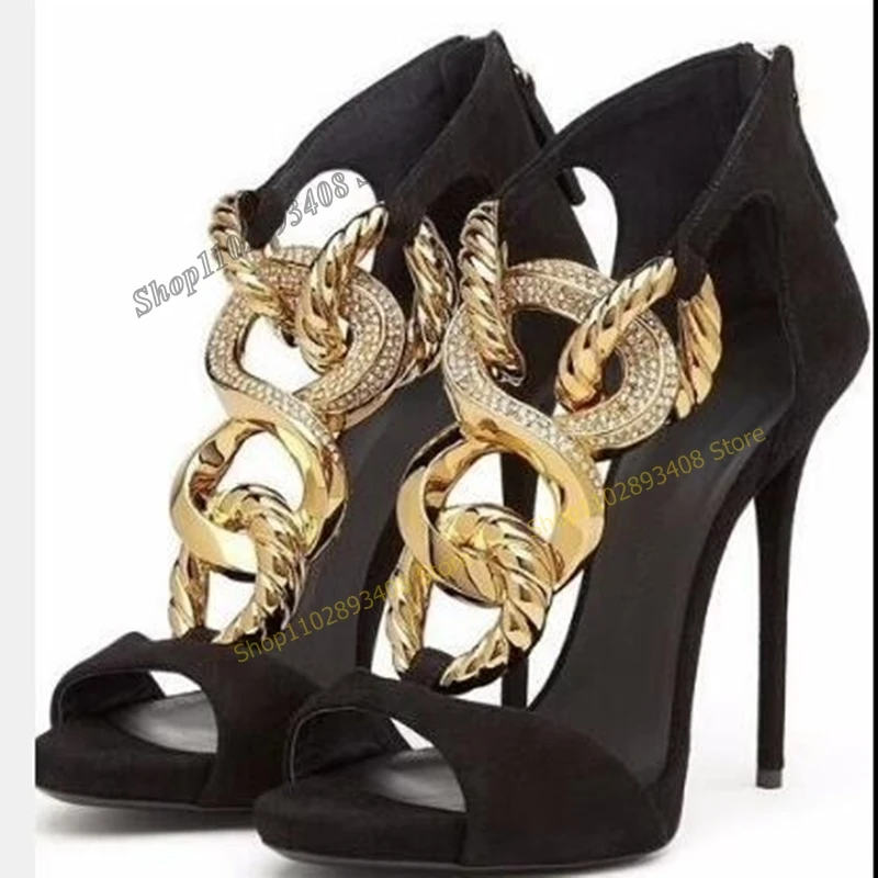 

Black Suede Metal Chain Decor Sandals Peep Toe Stilettos High Heel Back Zipper Women Shoes 2023 Fashion Sexy Zapatos Para Mujere