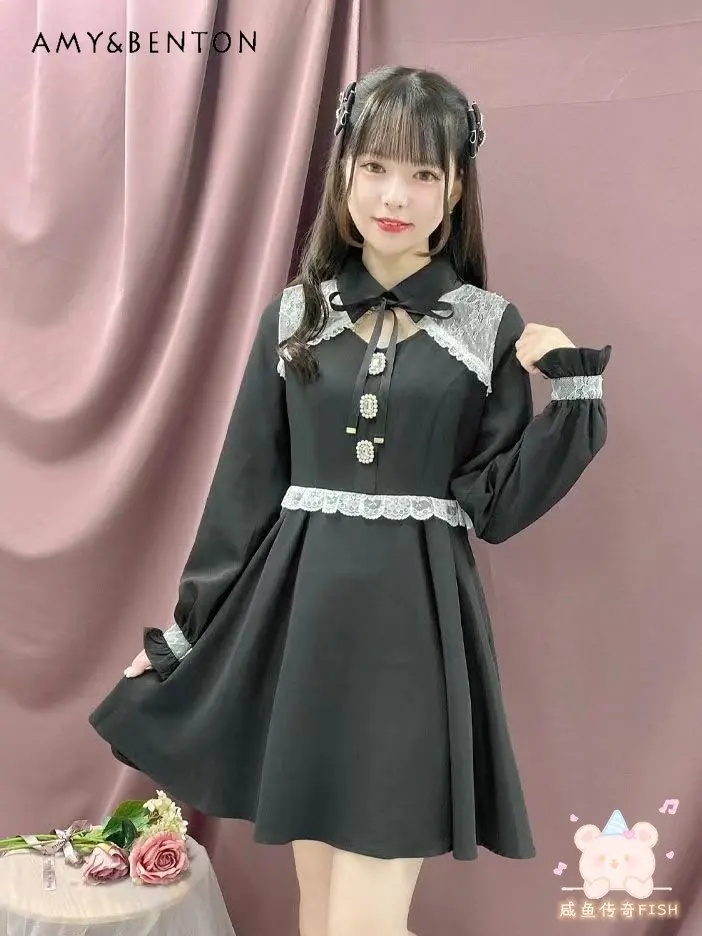 Women's Short Dress Japanese Style Spring Autumn Long Sleeve Dress New Rhinestone Hollow Fake Two-Piece Casual Dress