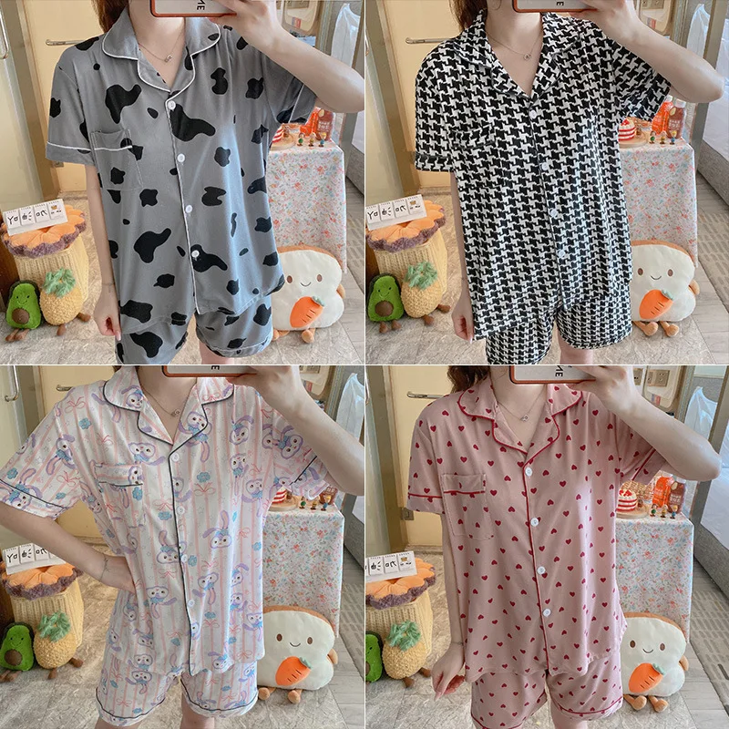 Summer Pajamas Women's Short Sleeved Shorts LAPEL SUIT Home Clothes Student Korean Japanese Ins