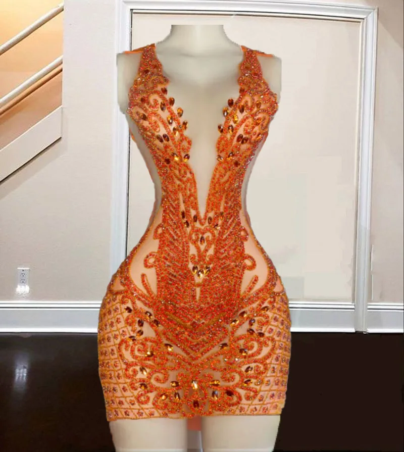 

Giltter Orange Rhinestone Prom Dresses Sheer Neck Crystal See Through Short Party Gowns Vestidos De Graduación