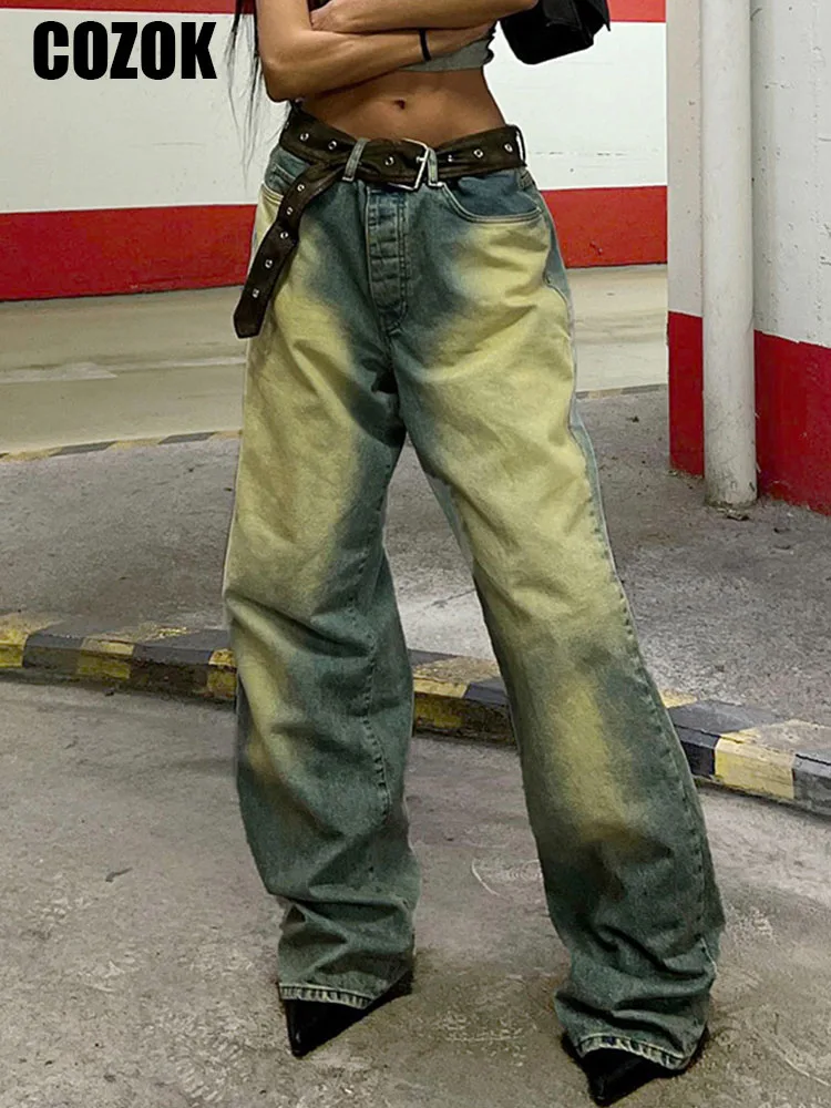 

Женские винтажные свободные джинсовые брюки Cozok в стиле Харадзюку с завышенной талией и поясом, мешковатые брюки в стиле 90-х годов, уличная одежда 2023