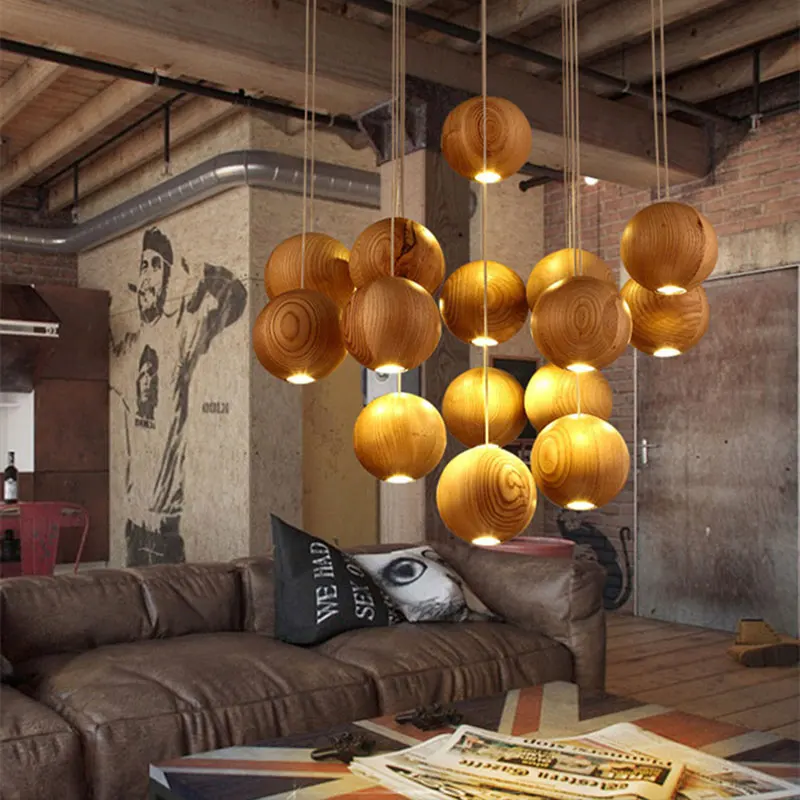 

American Creative Round Wooden Ball Chandelier Pendant Light For Dining Room Living Room Cafe Bar Nut Ceiling Pendant Light