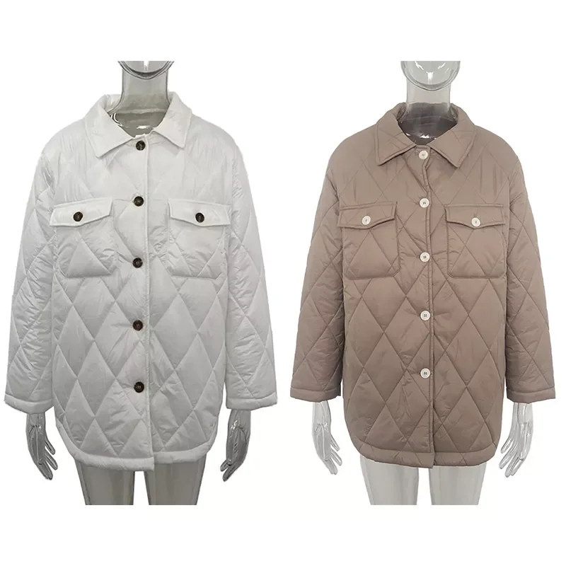 2022New Argyle Casual Buttons Parkas Women Fashion Turn Down Collar Coats Women Elegant Pockets Cotton Jackets Female Ladies