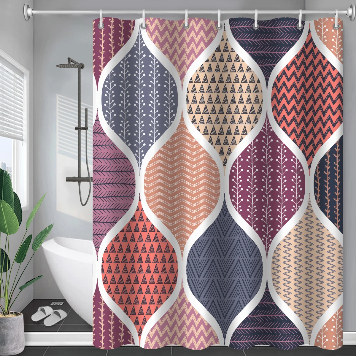 

Pattern Decorative Bed Bathtub Curtains Blue Boho Long Shower Curtain Bathroom Duschvorhang with Hooks Geometric Waterproof