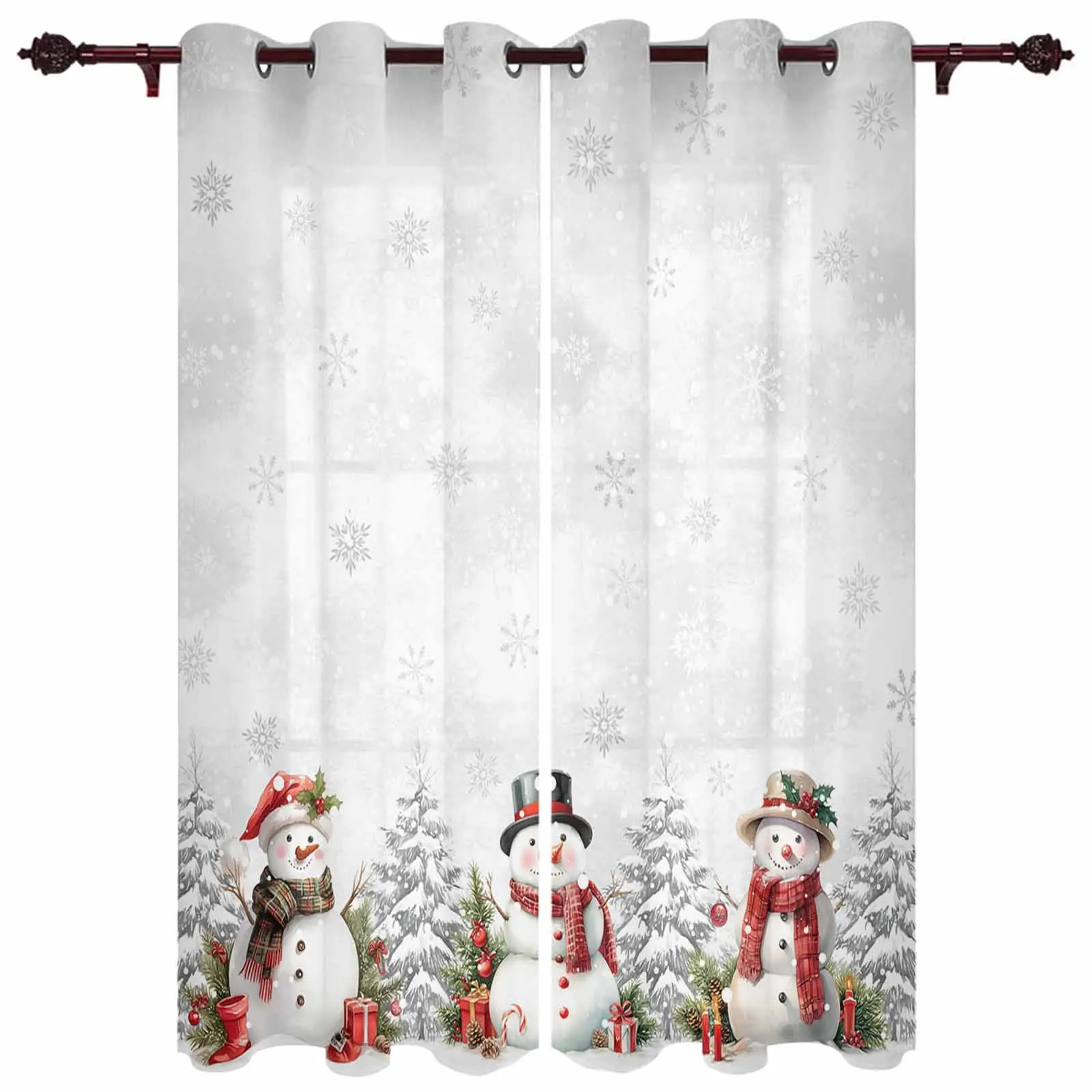 Рождественская елка снежный пейзаж снежинка снеговик шторы с принтом для