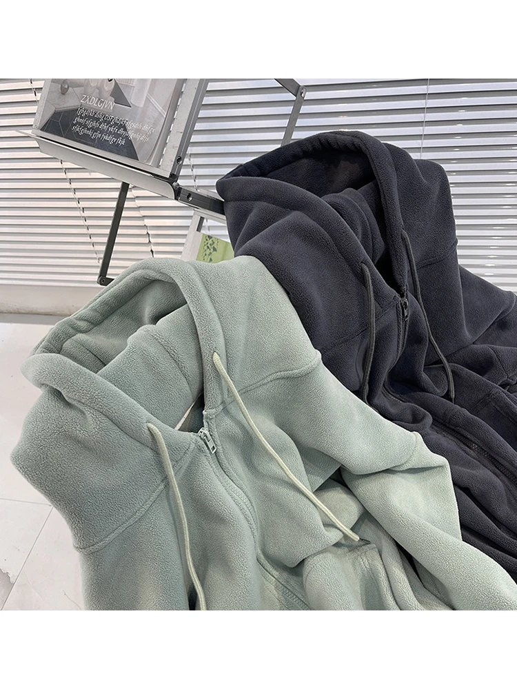 

Women Autumn Winter New Drawstring Tie Up Solid Color Sweatshirts Loose Long Sleeve Zipper Plush Hoodies Outerwear Streetwear
