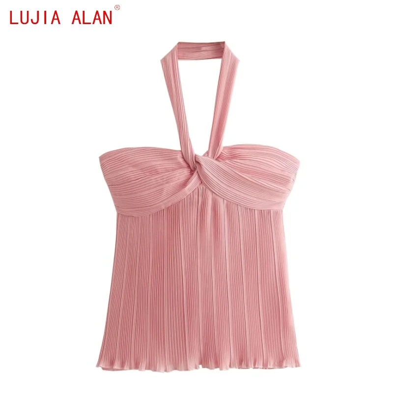 

Autumn New Women Twist Knot Design Halter Blouse Female Pressed Pleat Shirt Casual Side Zipper Slim Fit Tops LUJIA ALAN B2325