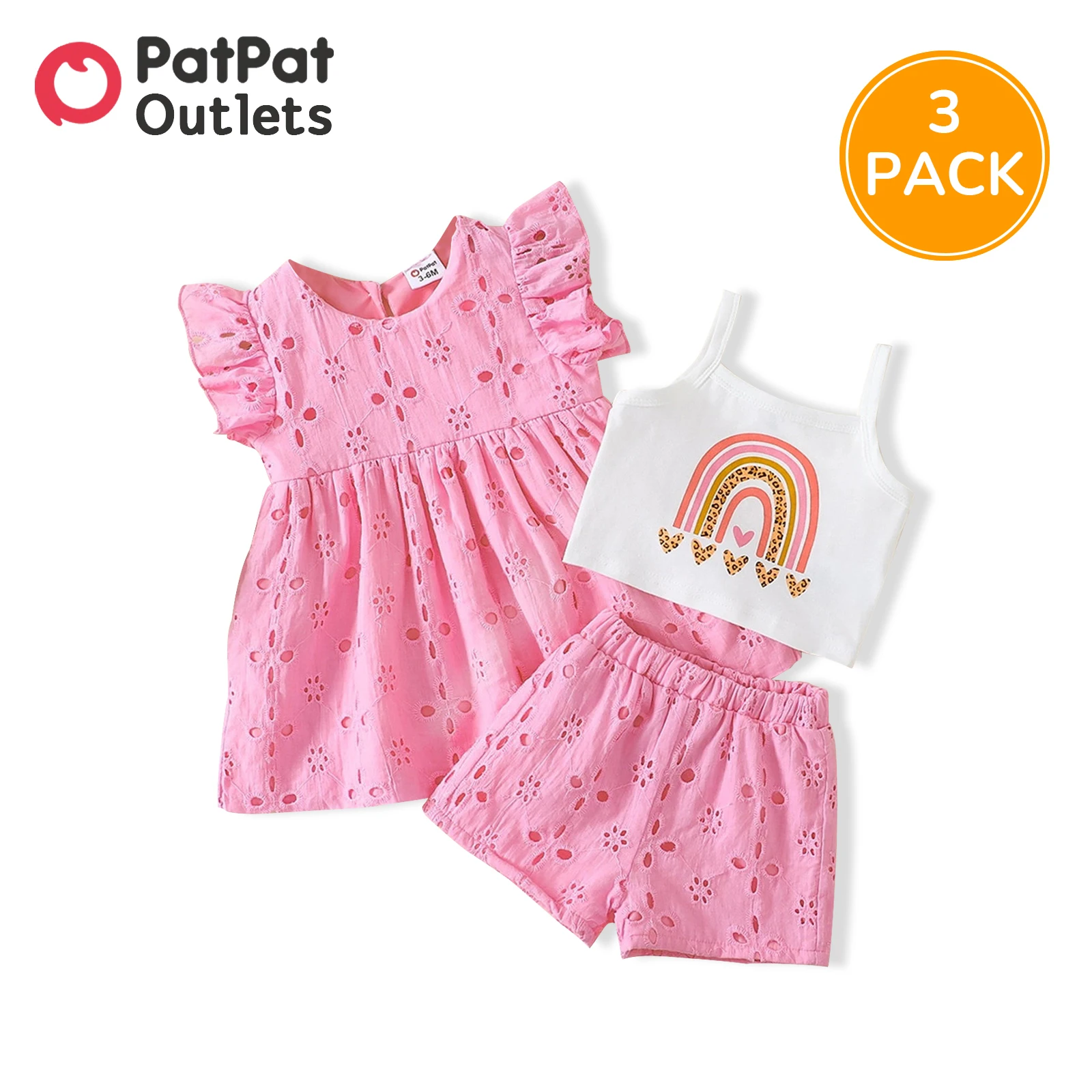 

PatPat 3-Pack Newborn Baby Girl Clothes New Born Party Dress 95% Cotton Rainbow Print Cami Top Pink Shorts Flutter-sleeve Set