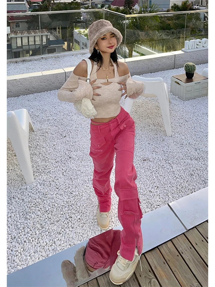 

Cargo Pants Women 2022 Autumn High Waist Baggy Overalls Fashion Streetwear Loose Wide Leg Casual Pant Lady Pink Straight Trouser