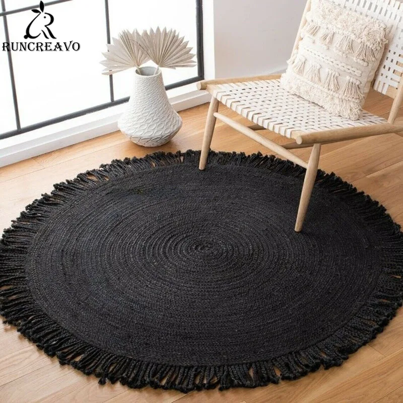 

Black Rug Natural Jute and Cotton Braided Carpet Modern Rustic Style Round Handmade Rug Reversible Rustic Look Rug