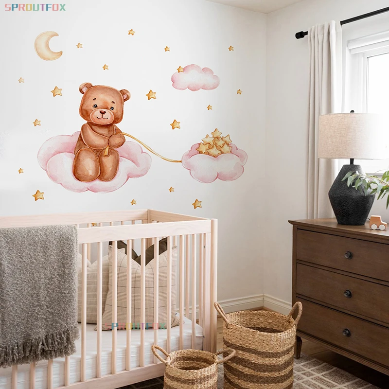 

Cute Bear Moon Clouds Stars Wall Stickers Pink Clouds Star Wall Decals Baby Nursery Room Decoration Wall Paper Watercolor Style