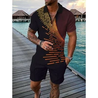 2022 new mens suit 3d color stitching print summer short sleeve polo shirt shorts suit fashion zipper t shirt two piece set