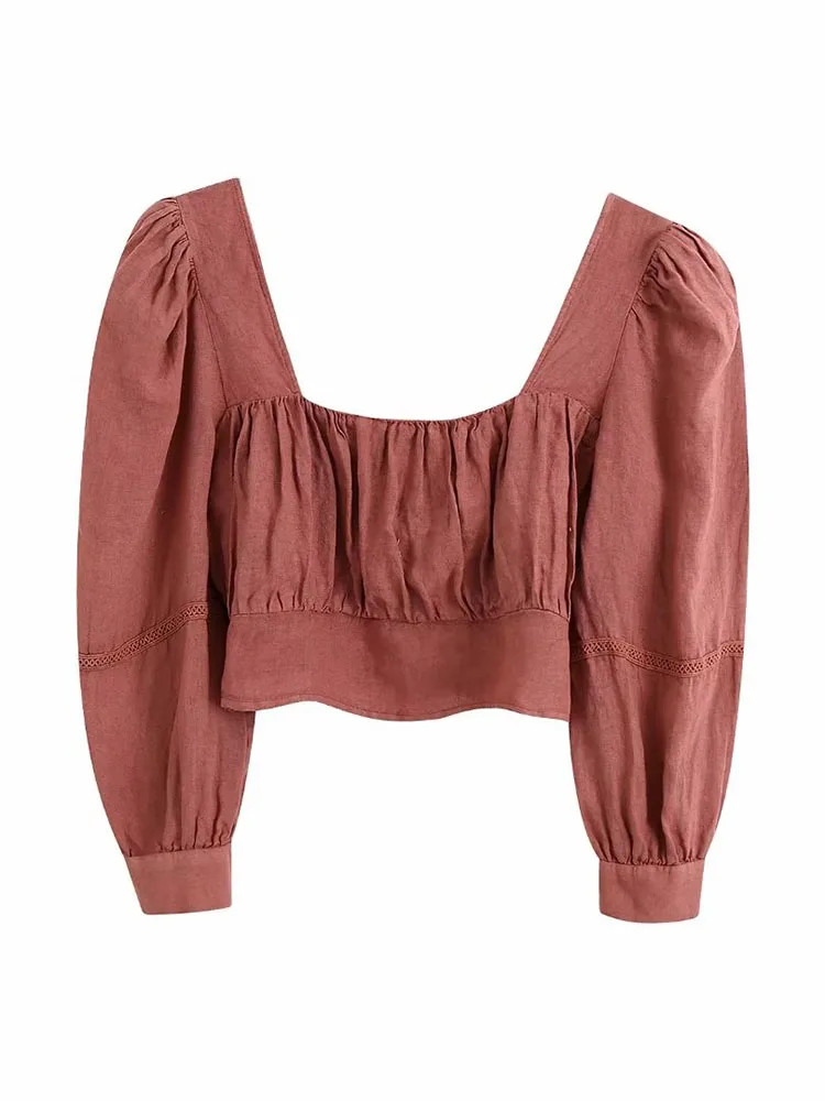 

YLJHQX 2022 Women Fashion Solid Color Linen Short Top Casual Long Sleeve Square Collar Elastic Back Female Chic Shirt