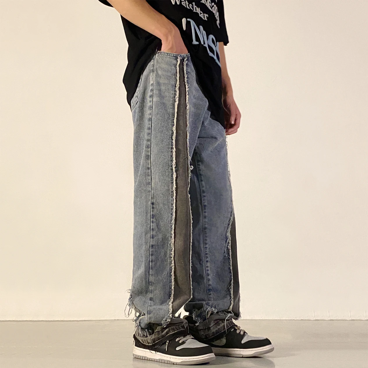 Four Seasons Men's Jeans High Street Stitching Raw Edge Jeans Men's American Retro Loose Straight Jeans Y2k Pants Ins Hot Sale