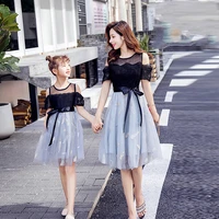 mommy and me elegant party dresses summer bowtie black off shoulder mom and daughter lace wedding dress family matching clothes