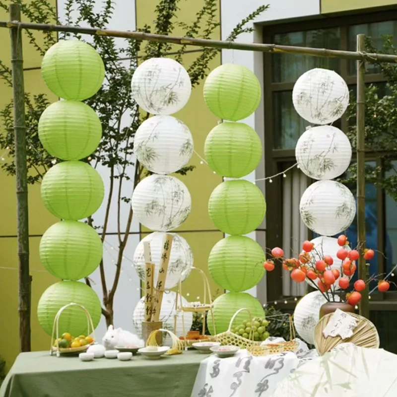 Зеленый бамбуковый круглый фонарь Китайская традиционная чернильная живопись