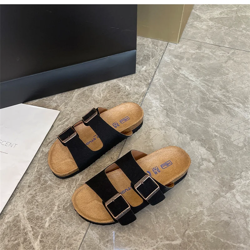 

2023 New Real Leather Women'S Slippers 2023 Summer Soft Cork Buckle Flip Flops Women Beach Casual Woman Shoes
