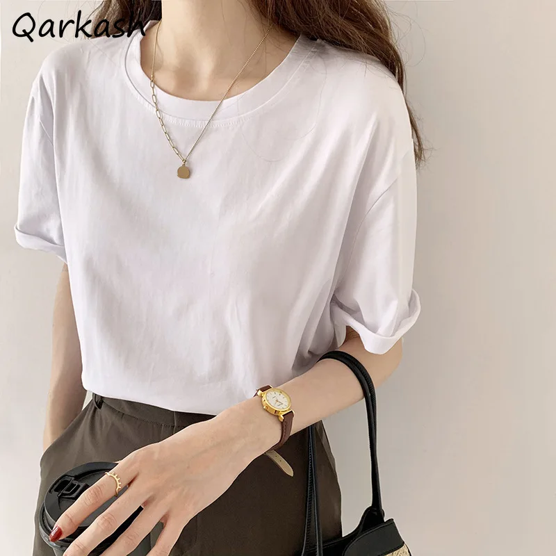 

Short Sleeve T-shirts Women Casual Elegant Simple White Basic Baggy Tops Summer Females Students Футболка Женский Korean Style