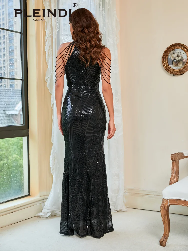 PLEINDI Luxury Evening Dresses O-Neck Sequins Mermaid Sleeveless Floor Length 2022 New of Exquisite Women Party Prom Dress