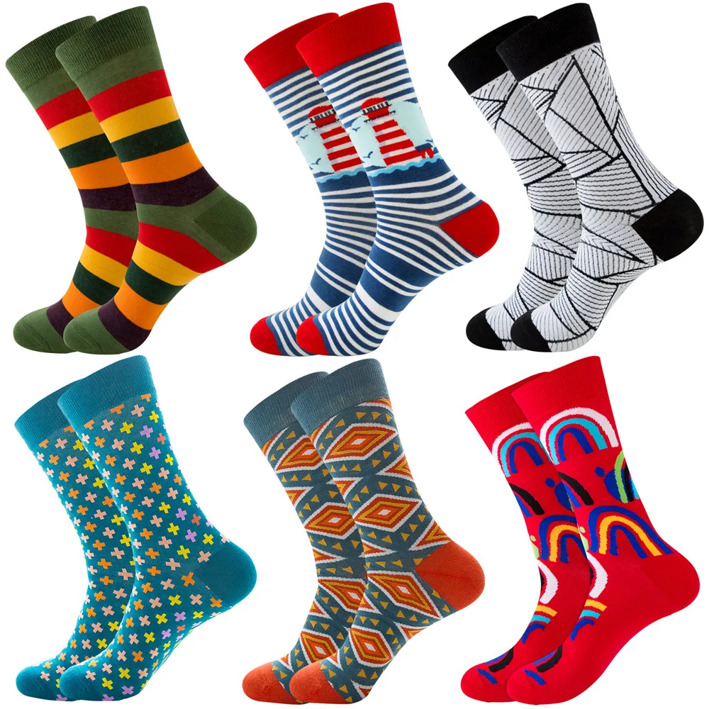6pairs Geometry Printed Socks Woman Spring Autumn Thigh High Socks Men Plus Size Cotton Stockings Funny Socks Unisex Happy Socks