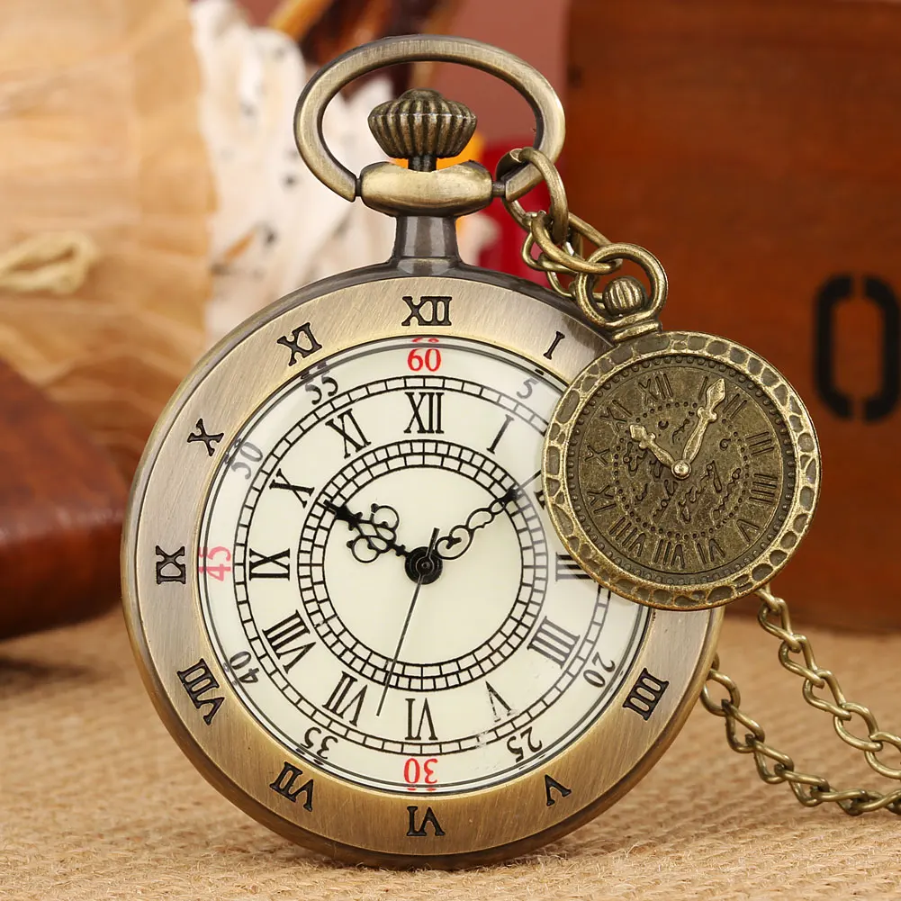 

Bronze Vintage Pocket Watches Capless Quartz Pendant Clocks Roman Numerals Dual Time Zone Dial Pocket Watch Fine Chain with Tag