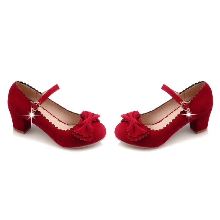 

Big Size ladies high heels women shoes woman pumps One-word lapped bow with thick heel and round head and shallow mouth