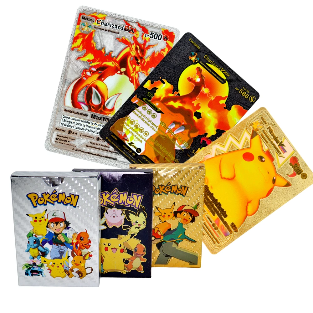 Pokemon Metal Card Pack Vmax Case Mew GX Box Gold Silver Charizard Spanish Set Eevee Letter Black English Pikachu Paper V Mewtwo images - 6