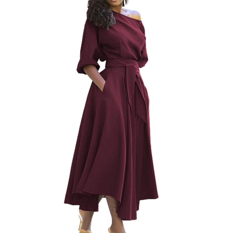 

Women High Waist Lace-up Seven-quarter Sleeve Dress Elegant Solid Color Commuter Pocket Gown Female Slant Neck Large Hem Dressy