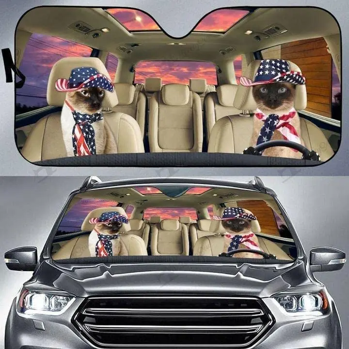 

Funny Siamese cat family driving american car windshield sunshade car sun visor for uv sun protection, car front window sunshade