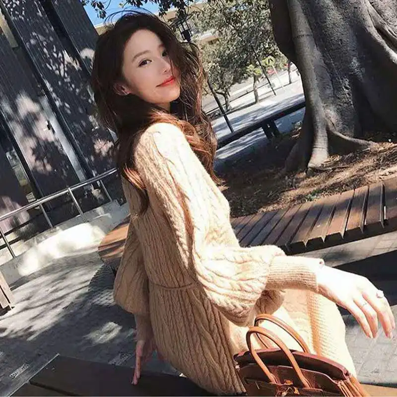 

Woman France Vintage Knitted Dress Mid-Calf Length Lantern Sleeve Sweater Style Dresses 2023 Gentlewoman Aesthetic Women Clothes