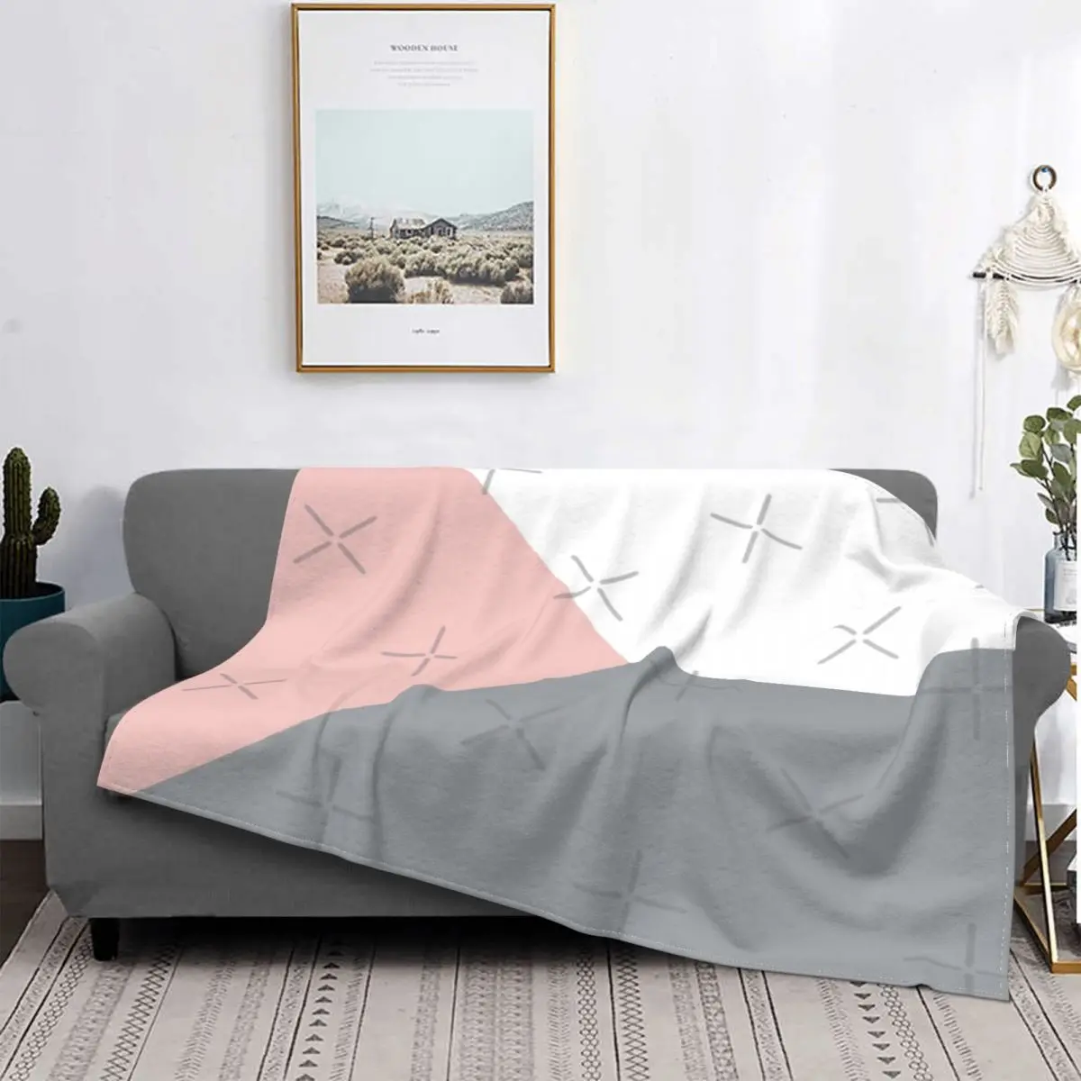 

Manta geoméa escandinava rosa y gris, colcha a cuadros para cama, sofa, manta double, colcha de verano