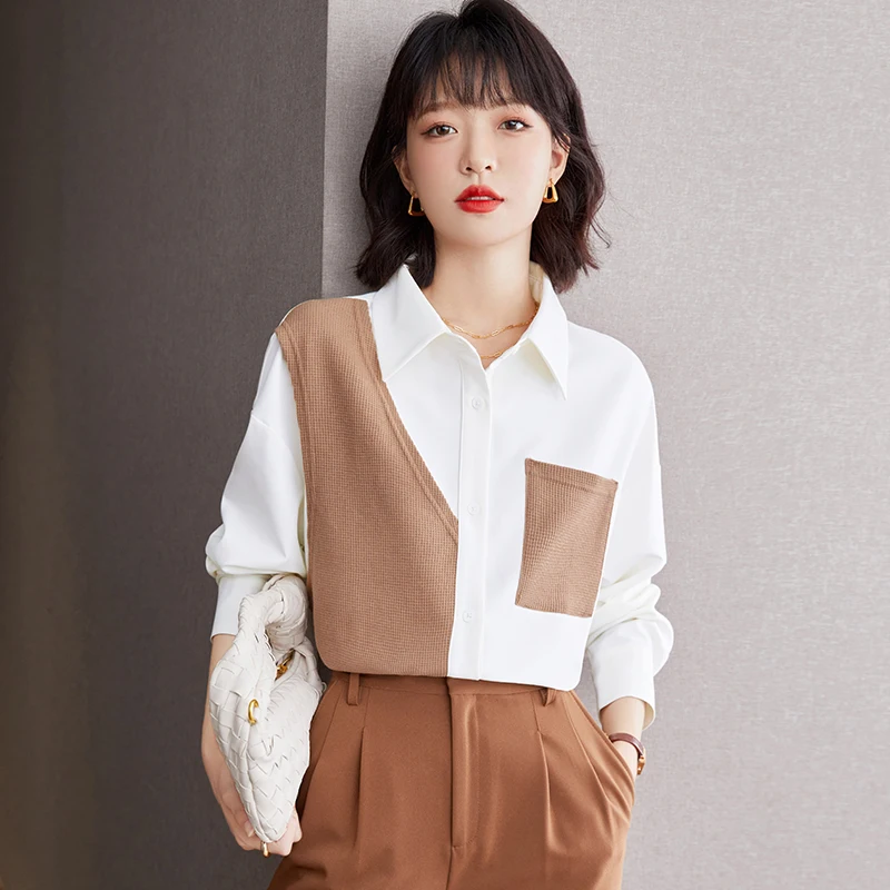 New Ladies Color Contrast Fake Two Pieces Splicing Vest Button Up Shirt Blouses Women Tops Female Girl Casual Long Sleeve Blouse