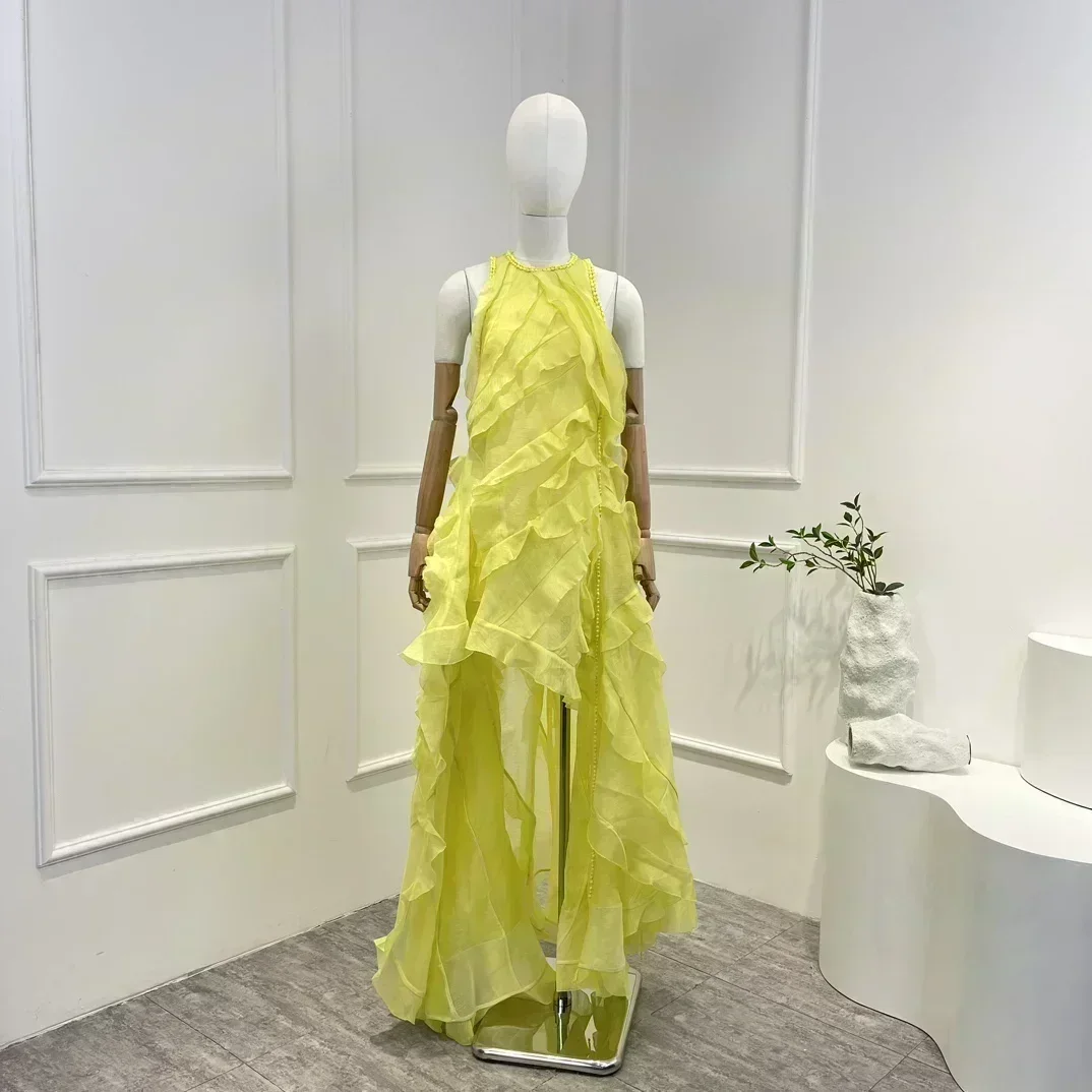 

Asymmetric Hem 2023 High Quality Summer Shell Trims Luxury Lemon Ruffles Bodice Patchwork Woman Dress