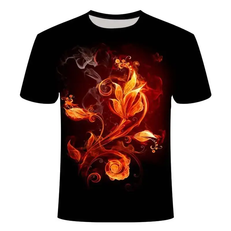 

New Tide Summer Fashion Flame Picture T-shirts Casual Print Tees Hip Hop Personality Round Neck Short Sleev Tops