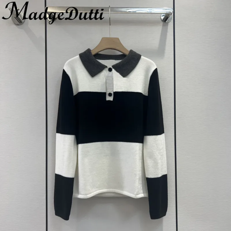 

10.10 MadgeDutti Fashion Contrast Color Striped Lapel Comfortable Keep Warm Wool Knit Sweater Women