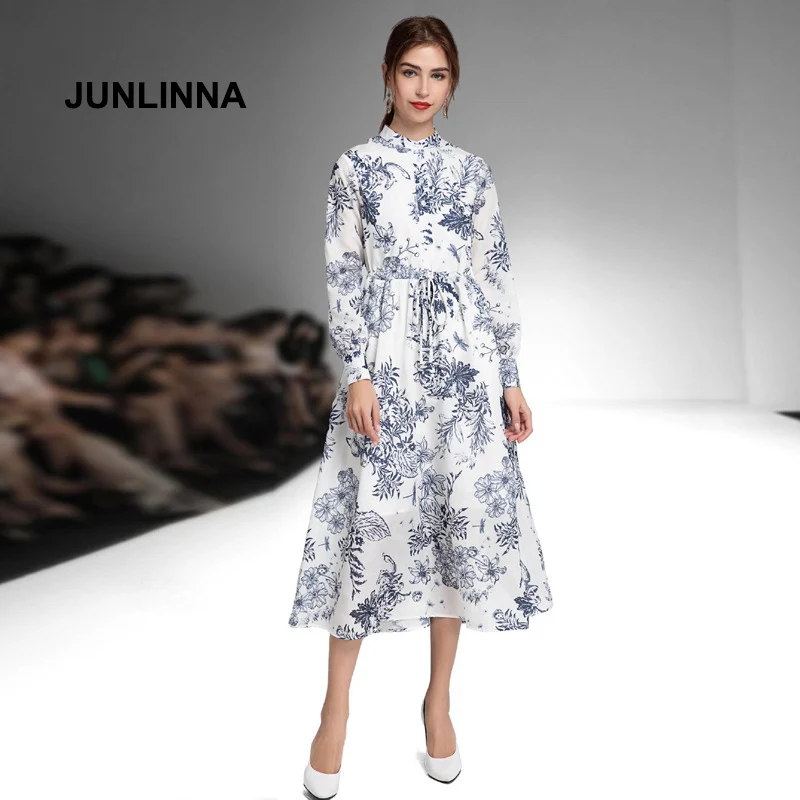 

JUNLINNA Women Princess Dress 2022 Spring Summer New Printed Draw String Expansion Vestidos Long Sliming Dresses