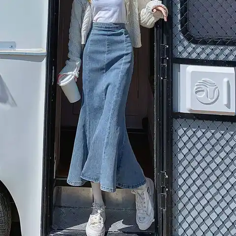Women Skirt Spring and Autumn New Denim Skirt High Waist Stretch Fishtail Skirt Casual Versatile Ruffles Skirt Female