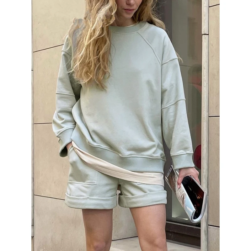 

GLAUKE Spring Summer Women's Suit with Shorts Sweatshirt Loose Oversize Green Tracksuit 2 Piece Set Women's Shorts and Top Outf