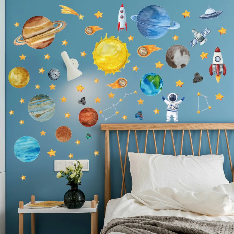 

Cartoon painted universe planet astronaut rocket children room home wall decoration wall stickers self adhesive decorations