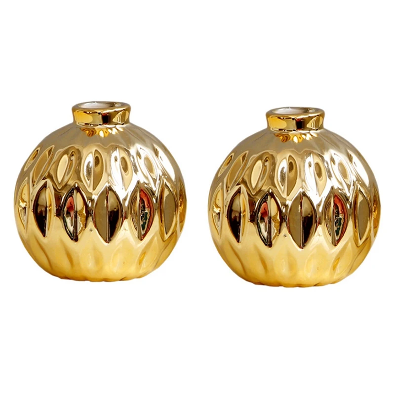 

2X Ceramic Small Vase Small Flower Embossed Fish Lip Pattern Crafts Home Decorations (Gold)