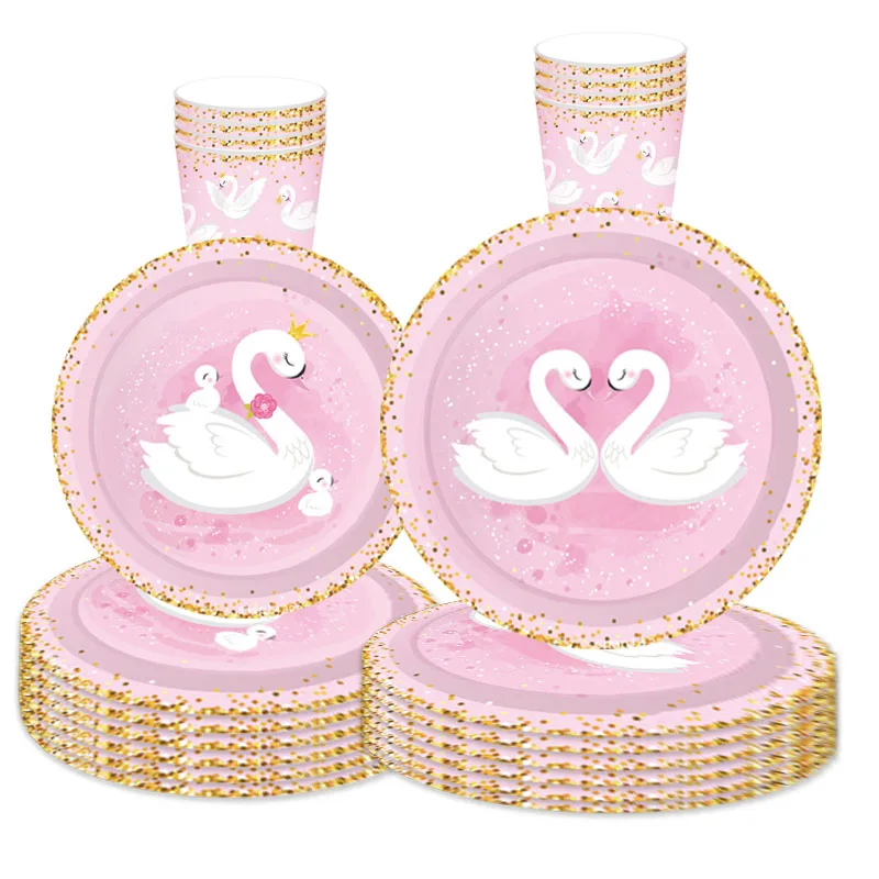 

Pink Swan Ballet Theme Party Disposable Tableware Gold Crown Swan Paper Plates Napkins Princess Girls Happy Birthday Party Decor