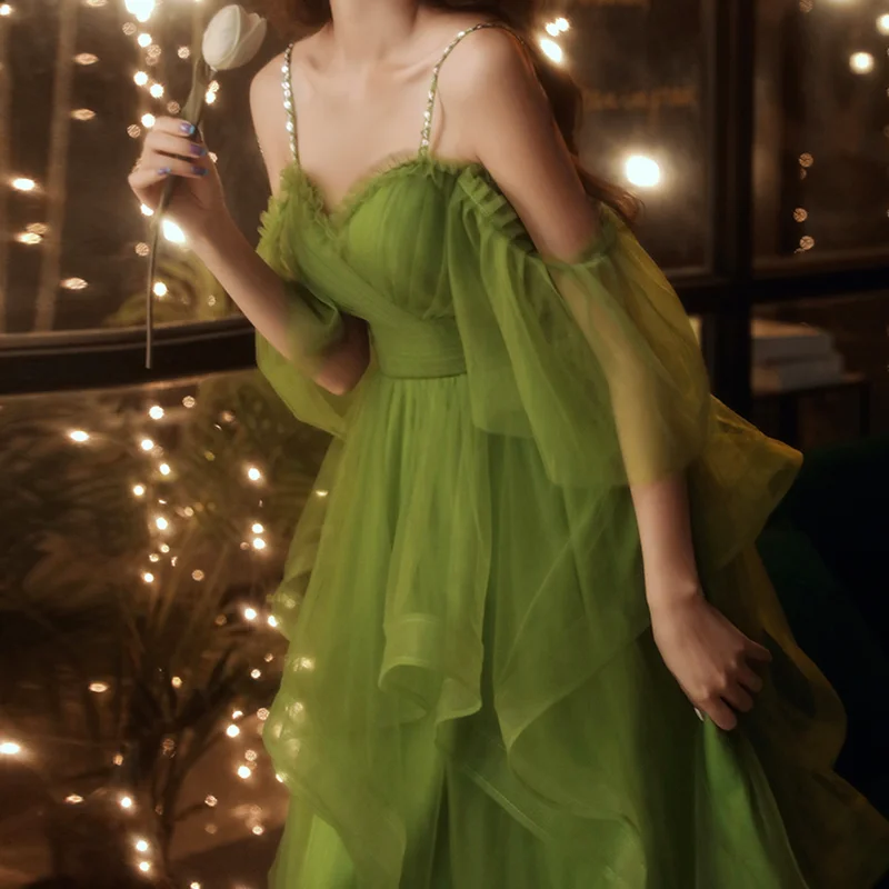 

New Sweet Elegant Green Dress Women Runway Ruffle Midcalf Lady Princess Banquet Luxurious Noble Ball Dress Gown 2023 New Fashion